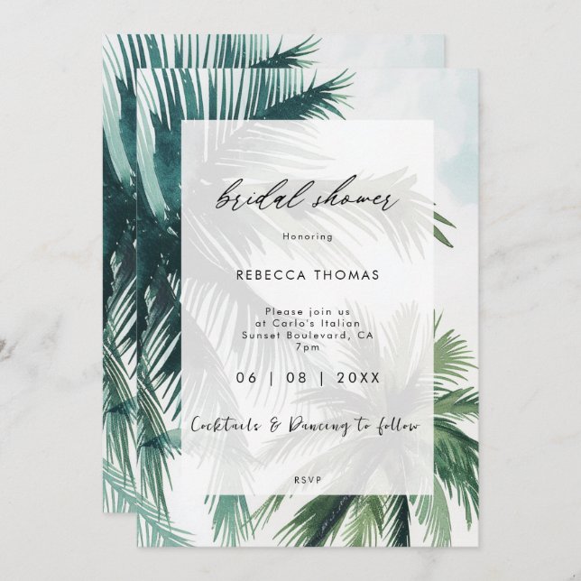 Convite chá de panela de palmeiras tropicais (Frente/Verso)