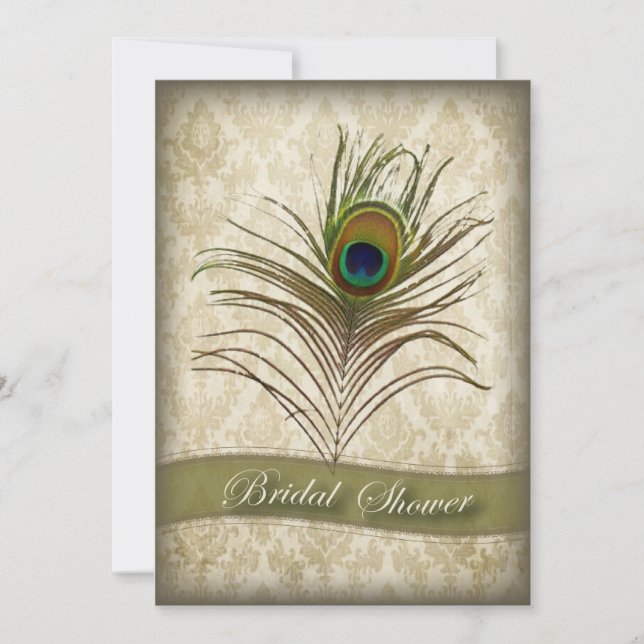 Convite Chá de panela de pavão Vintage damask (Frente)