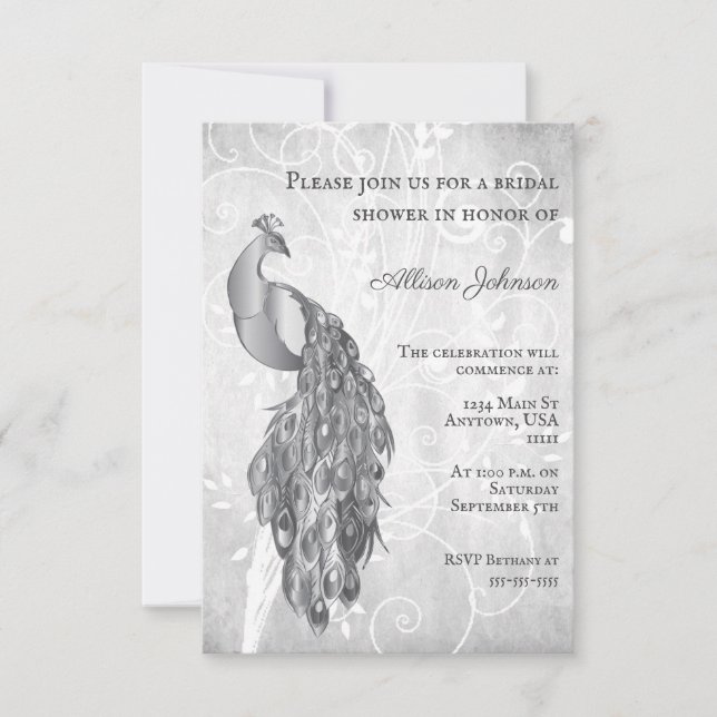 Convite Chá de panela de Peacock Silver (Frente)