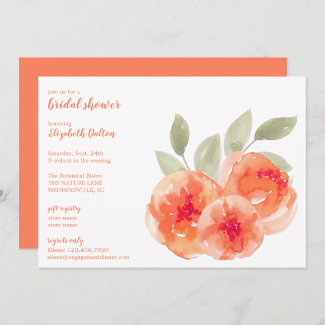 Convite Chá de panela de Pêonias de Aquarela Elegante (Frente/Verso)