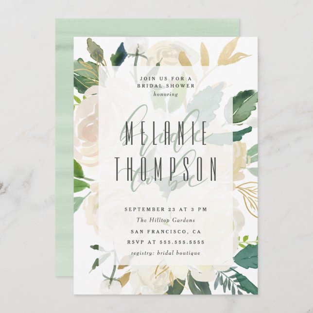 Convite Chá de panela de Peonias Douradas de Tendência (Frente/Verso)