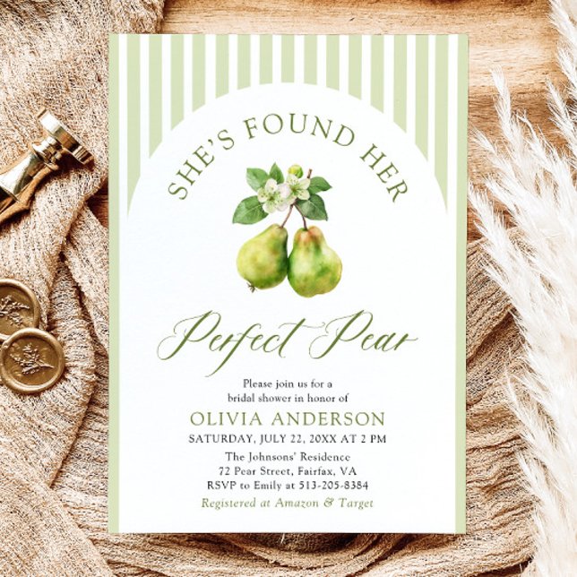 Convite Chá de panela de pera perfeito com faixas verdes m (Modern Green Gingham Perfect Pear Bridal Shower Invitation)