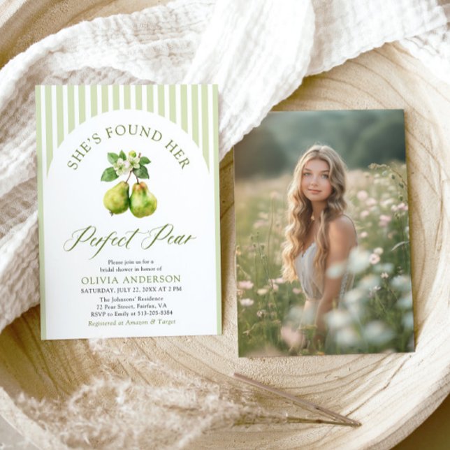 Convite Chá de panela de pera perfeito com faixas verdes m (Modern Green Gingham Perfect Pear Bridal Shower Invitation)