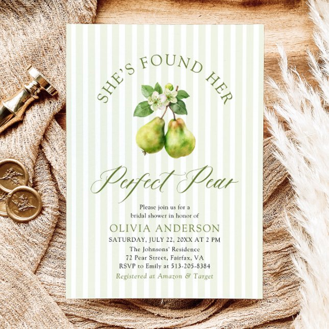 Convite Chá de panela de pera perfeito para Gingham Verde  (Modern Green Gingham Perfect Pear Bridal Shower Invitation)