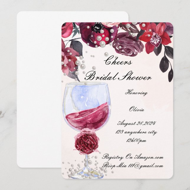 Convite chá de panela de pérolas florais burgundy (Frente/Verso)