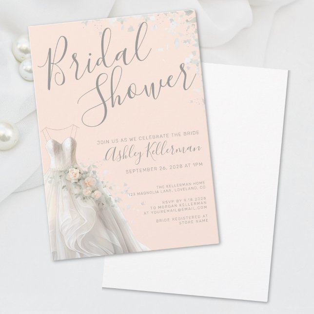Convite Chá de panela de Pêssego de Vestido Elegante (Elegant Wedding Dress Peach Bridal Shower Invitation)