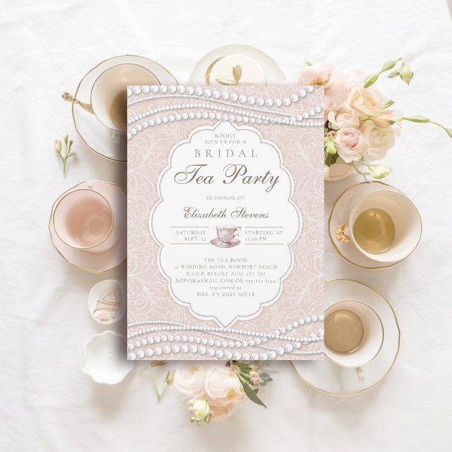 Convite Chá de panela de Pêssego Elegante do Tea Party (bridal tea shower party invitation lace pearls peach pink elegant modern classic chic)