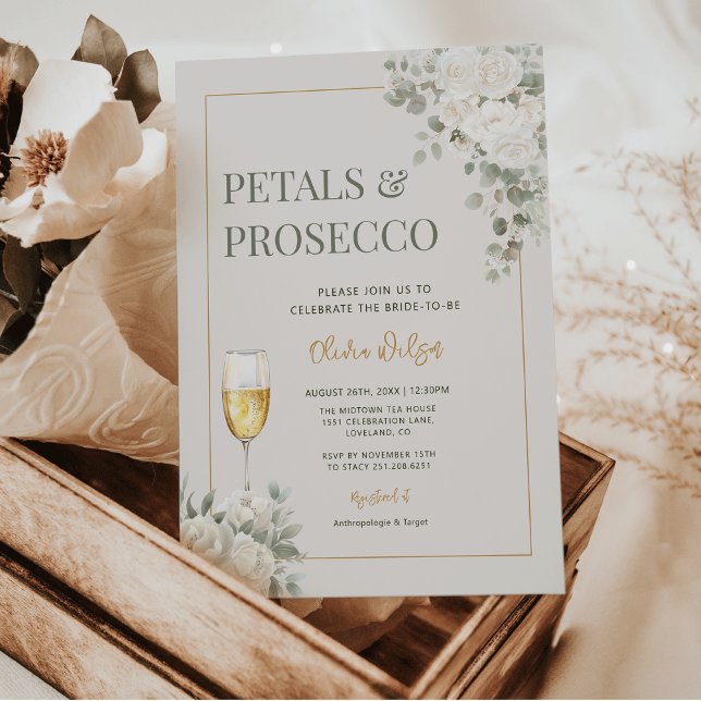 Convite Chá de panela de Petais e Prosecco de Marfim (Elegant Petals & Prosecco Ivory Petals | White Flowers  - white peonies & ranunculus Bridal Shower)