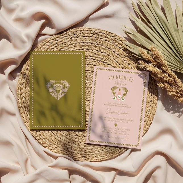 Convite Chá de panela de Pickleball Tropical e Prosecco (Retro Tropical Pickleball & Prosecco Bridal Shower Invitation)