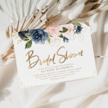 Convite Chá de panela de pincel e marinho de script ouro e<br><div class="desc">Um elegante design floral com uma bela pincelada e marinho azul floral elogiando o falso guião dourado. Uma design moderna e moderna para o seu chá de panela. Todos os textos e cores neste modelo podem ser personalizados.</div>