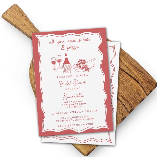 Convite Chá de panela De Pizza Italiana Desenhada À Mão Ve (Red Hand Drawn Italian Pizza Wine Bridal Shower Invitation)