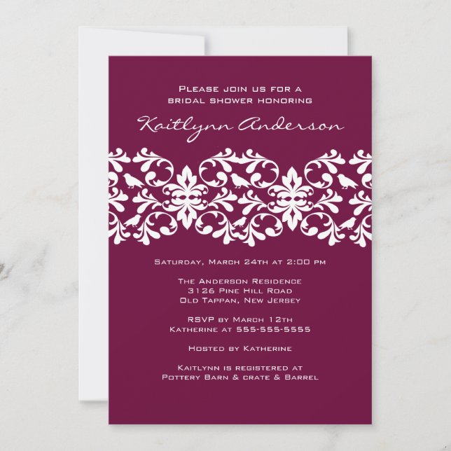 Convite Chá de panela de Plum & White Damask (Frente)