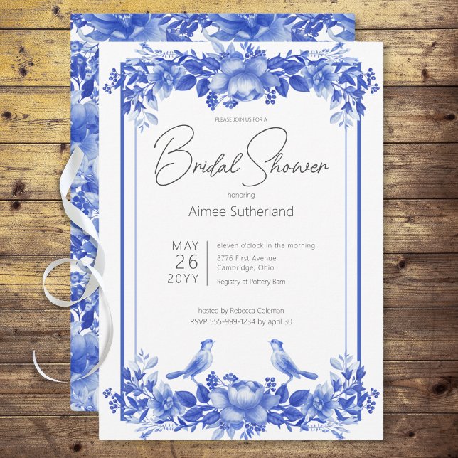 Convite Chá de panela de Porcelana Floral Azul e Branco (Blue & White Floral Porcelain Bridal Shower Invitation)