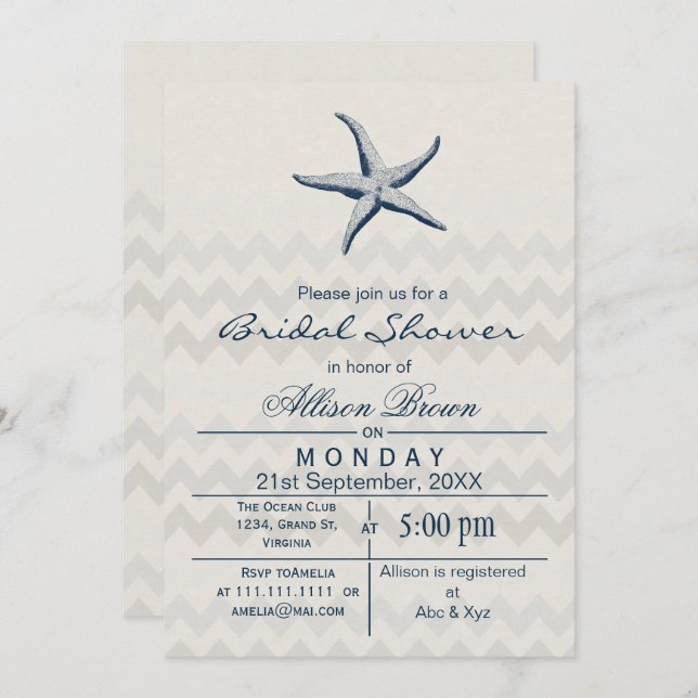 Convite Chá de panela de Praia Blue Chevron Starfish (Frente/Verso)