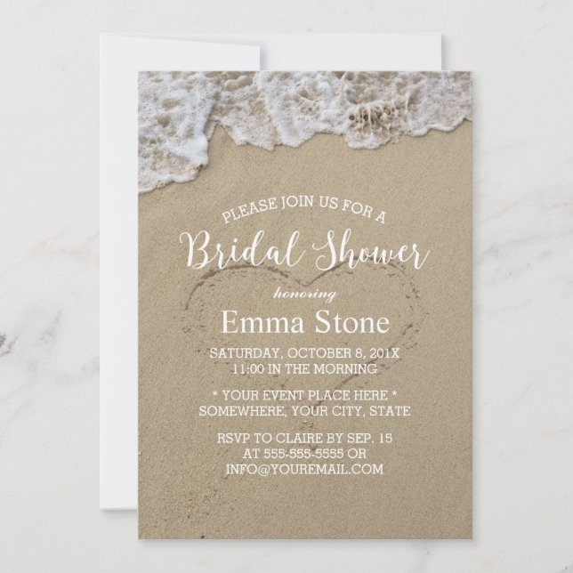 Convite Chá de panela de praia coração na areia (Frente)