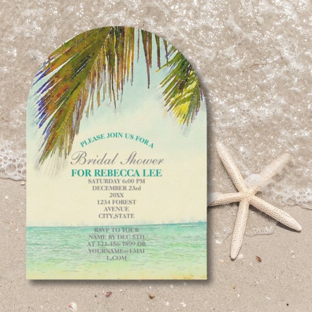 Convite chá de panela de praia da palmeira da ilha tropica (tropical island palm tree beach bridal shower invitation)