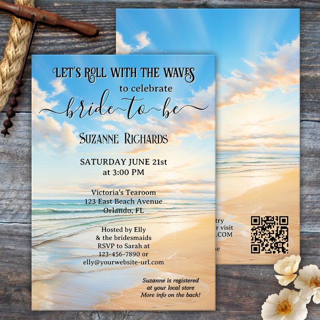 Convite Chá de panela de Praia de Aquarela Retroativa (Retro beach bridal shower invitation featuring a watercolor painting of a beach on a beautiful day)