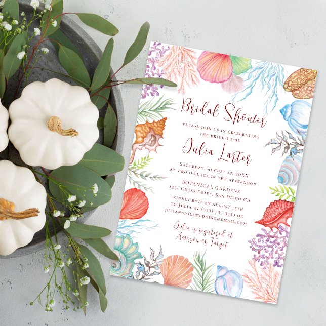 Convite Chá de panela de praia de Shell Azul com Moderno D (Criador carregado)