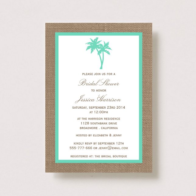 Convite Chá de panela de praia Tropical Palm Tree Burlap (Criador carregado)