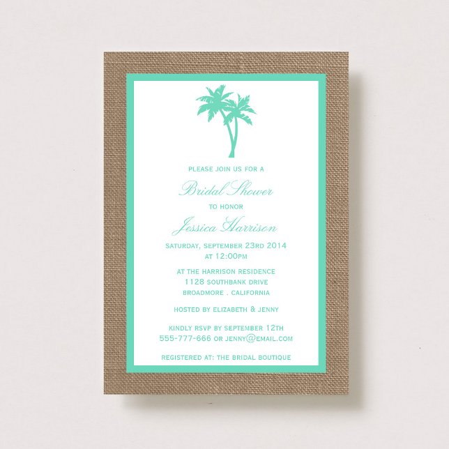 Convite Chá de panela de praia Tropical Palm Tree Burlap (Criador carregado)