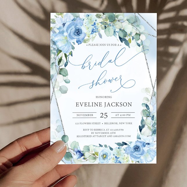 Convite Chá de panela de prata eucalipto flores azuis (boho watercolor blue flowers eucalyptus and silver frame bridal shower invitation digital)