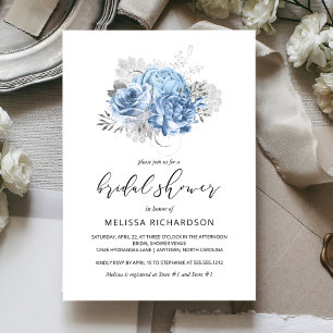 Convite Chá de panela de Prata Floral Azul Elegante Vinta