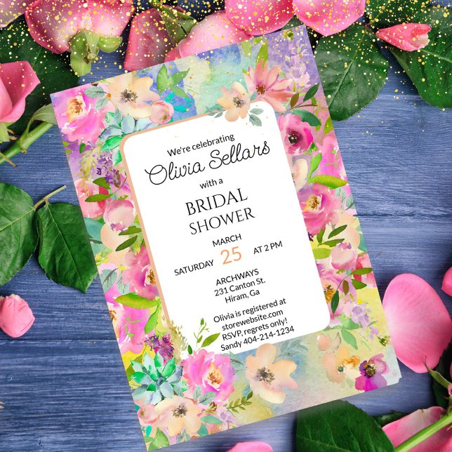 Convite Chá de panela de Profusão Floral Brilhante (Bright watercolor floral invite for a chic Boho Bridal Shower.)