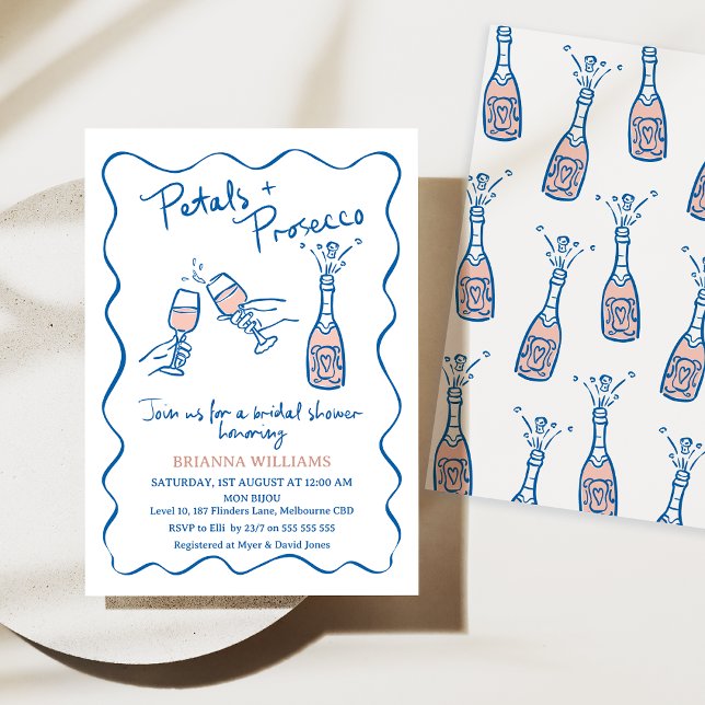 Convite Chá de panela de Prosecco desenhado à Mão Whimsica (Petals and Prosecco Bridal Shower Invitation Whimsical, Hand Drawn Illustration, Blue Pink Bottle)
