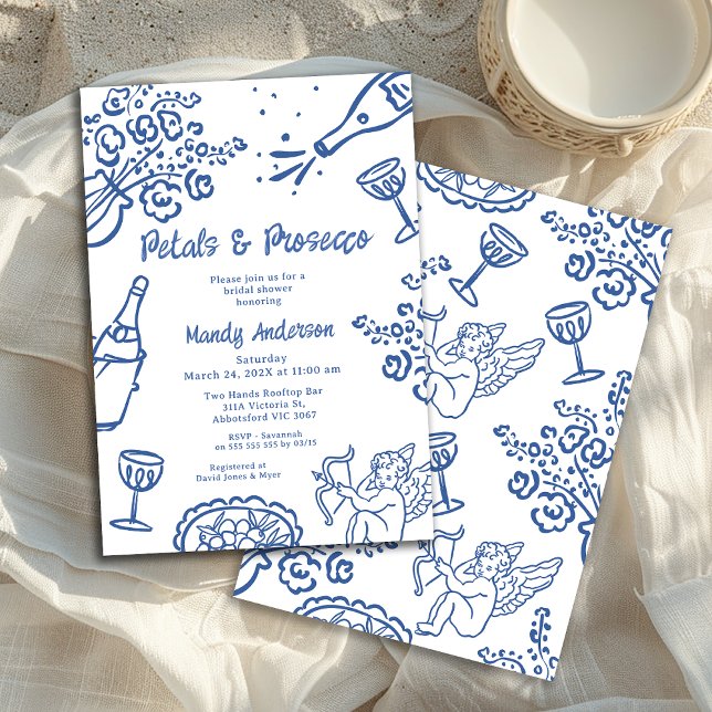 Convite Chá de panela De Prosecco Petal Azul Desenhado Qui (Blue Whimsical Drawn Bridal Shower Invitation, Petals Prosecco Bridal Shower Invitation, Floral)