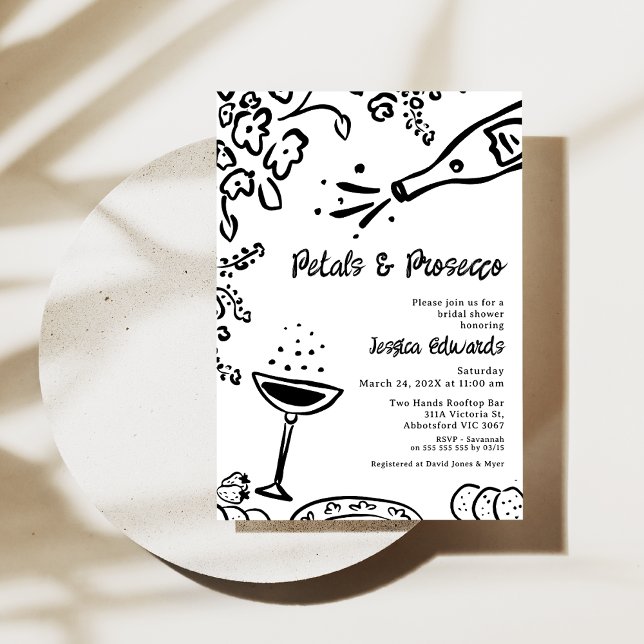 Convite Chá de panela De Prosecco Petal Desenhado Quimísic (Whimsical Hand Drawn Petal Prosecco Bridal Shower Invitation, Black White, Trendy Bridal Shower )