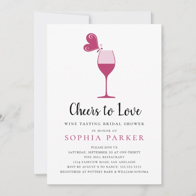 Convite Chá de panela de Provando de vinho Rosa da borbole (Frente)