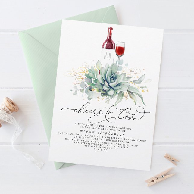 Convite Chá de panela de Provando de vinho verde (Cheers to Love Wine Tasting Greenery Bridal Shower Invitations)