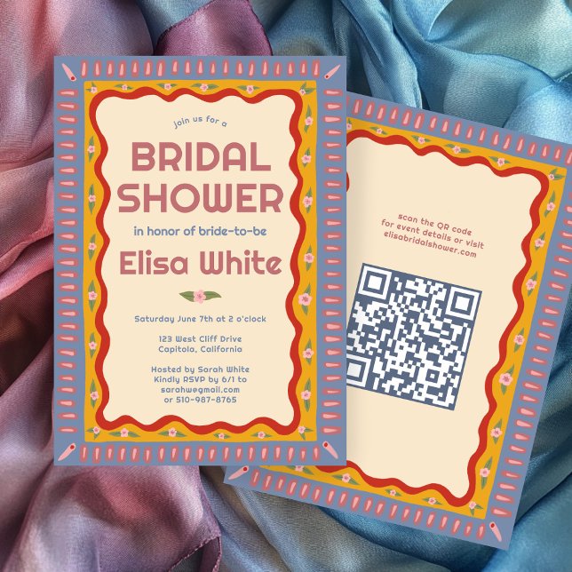 Convite Chá de panela de QR PERSONALIZADO de Boho Retroati (Retro Boho Fun Handmade CUSTOM QR Bridal Shower Invitation
)