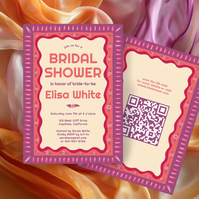 Convite Chá de panela de QR PERSONALIZADO de Boho Retroati (Retro Boho Fun Handmade CUSTOM QR Bridal Shower Invitation
)