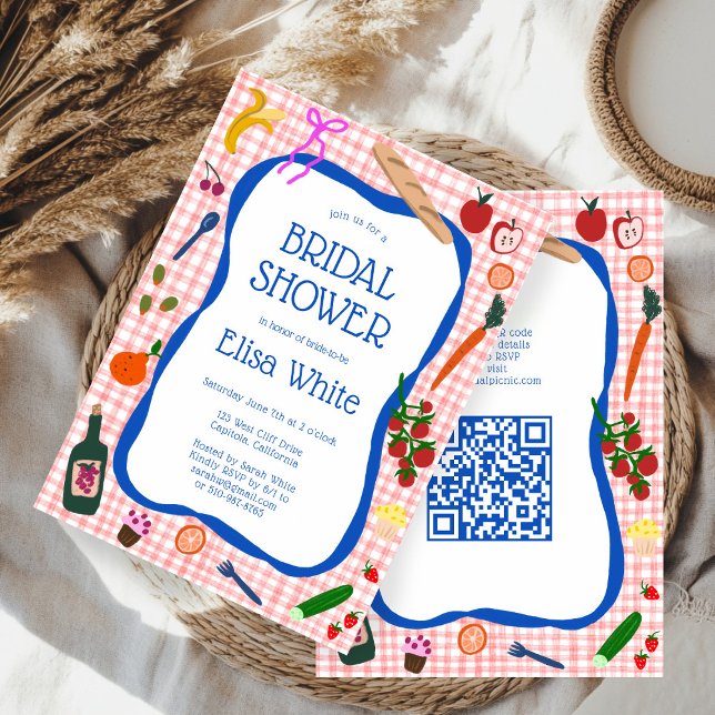 Convite Chá de panela de QR PERSONALIZADO de Gingham Picni (Gingham Picnic Modern Cute CUSTOM QR code Bridal Shower Invitation
)