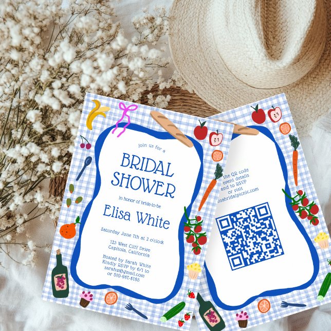 Convite Chá de panela de QR PERSONALIZADO de Gingham Picni (Gingham Picnic Modern Cute CUSTOM QR code Bridal Shower Invitation
)