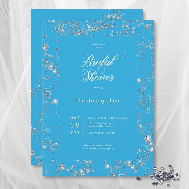 Convite Chá de panela de Quadro de Diamante de Glam Azul M (Modern Blue Glam Diamond Frame Bridal Shower Invitation)