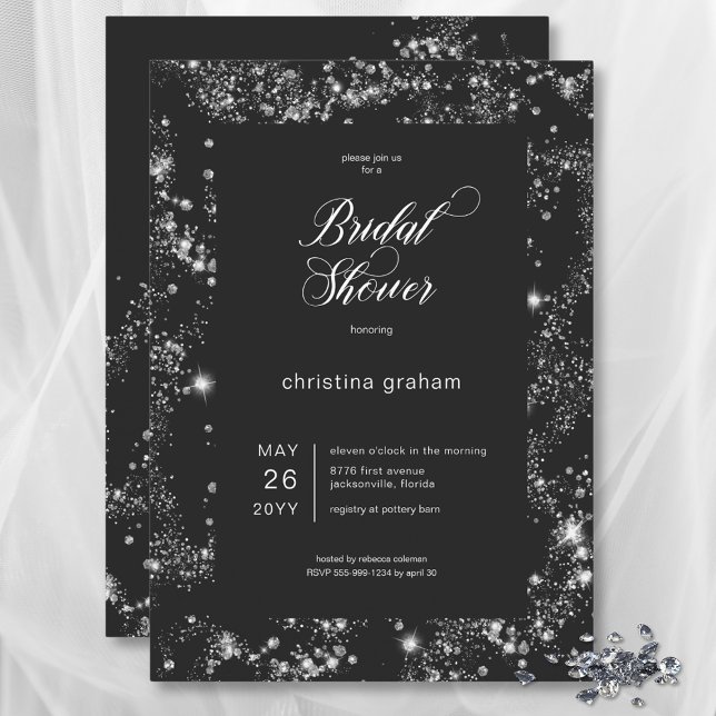 Convite Chá de panela de Quadro de Diamante de Glam Preto  (Modern Black Glam Diamond Frame Bridal Shower Invitation)