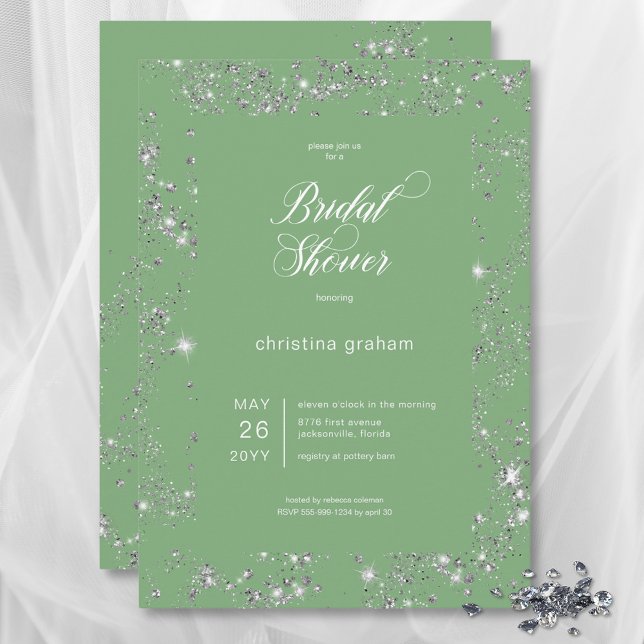 Convite Chá de panela de Quadro de Diamante de Glam Verde  (Modern Green Glam Diamond Frame Bridal Shower Invitation)