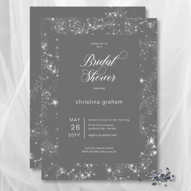 Convite Chá de panela de Quadro de Glam Diamond da Cinza M (Modern Gray Glam Diamond Frame Bridal Shower Invitation)