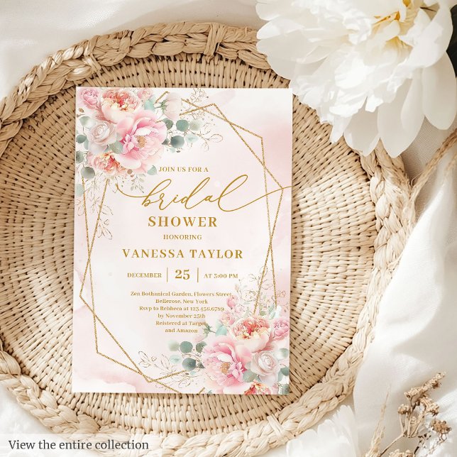 Convite Chá de panela de Quadro Dourado Rosa  Blush do Boh (Classic Boho Blush Pink Gold Frame Bridal Shower Card)