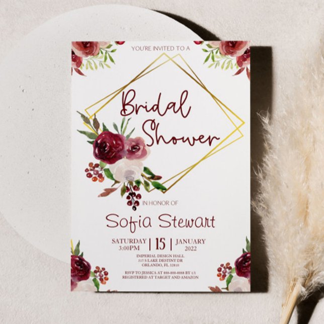 Convite Chá de panela de Quadro Flor Floral Dourado Burgun (Criador carregado)