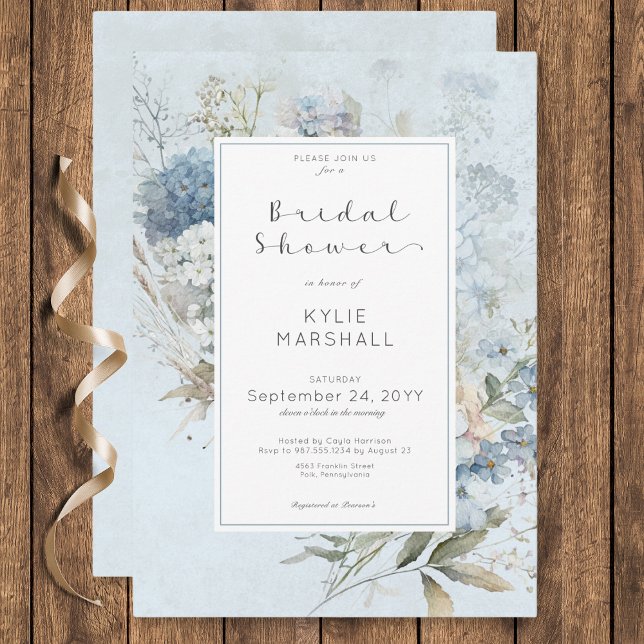 Convite Chá de panela de Quadro Floral Azul e Branco Russo (Rustic Blue & White Floral Frame Bridal Shower Invitation)