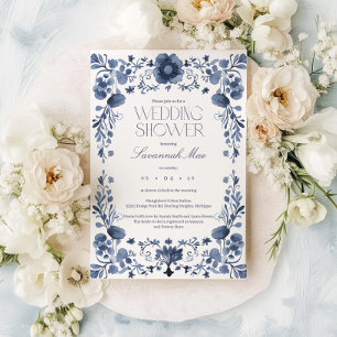 Convite Chá de panela de Quadro Floral Azul Elegante