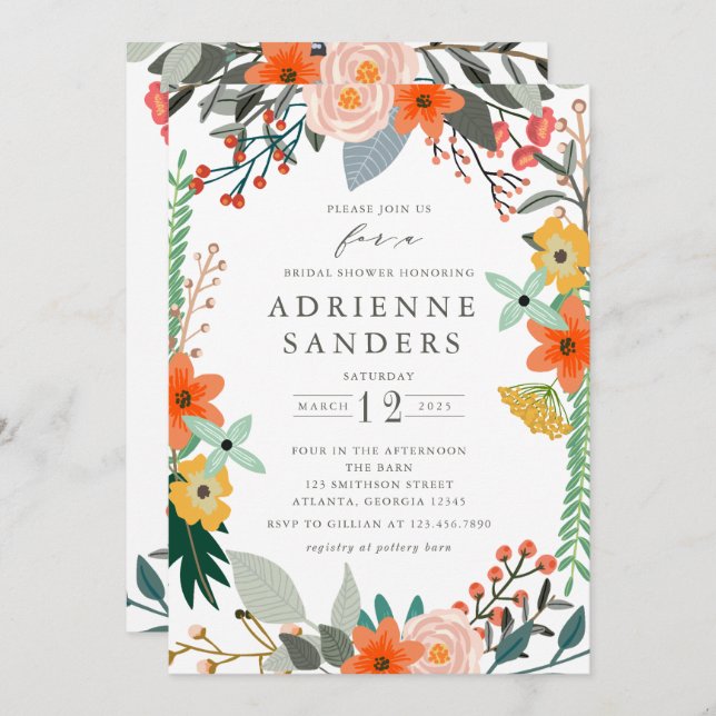 Convite Chá de panela de Quadro Floral de Flores Selvagens (Frente/Verso)