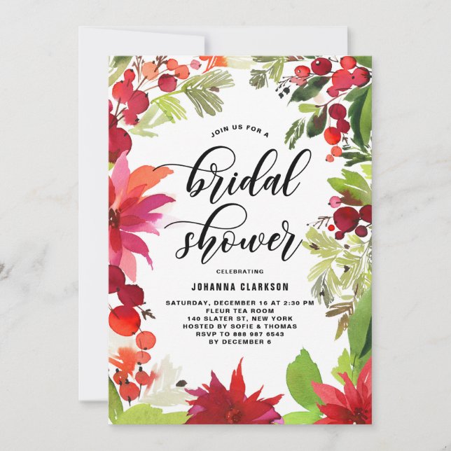 Convite Chá de panela de Quadro Floral de Natal com Aquare (Frente)