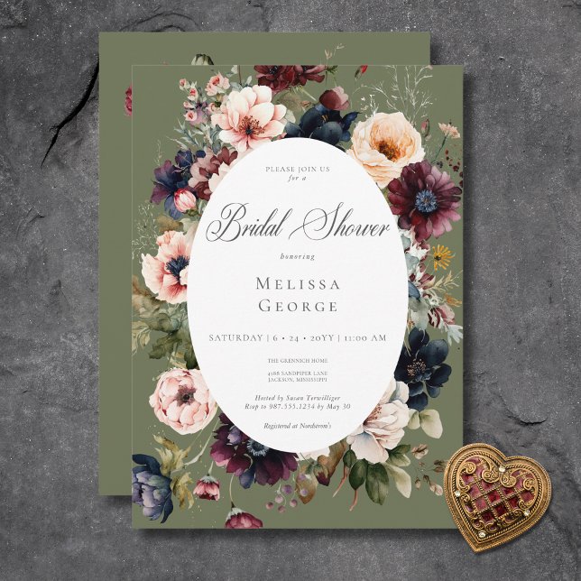 Convite Chá de panela de Quadro Floral Oval Verde Escuro (Dark Green Oval Floral Frame Bridal Shower Invitation)