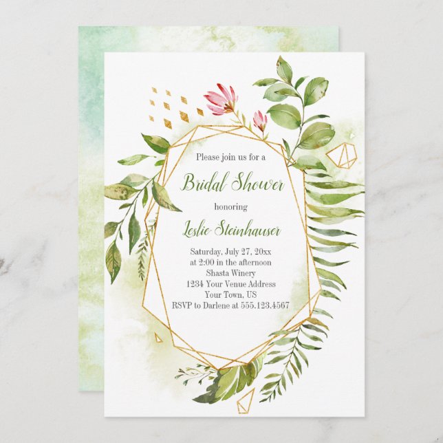 Convite Chá de panela de Quadro Geométrico Dourado Botânic (Frente/Verso)