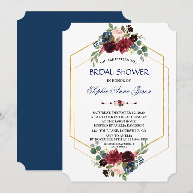 Convite Chá de panela de Quadros Floral Dourado do Hexágon (Frente/Verso)