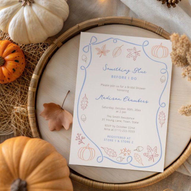 Convite Chá de panela de queda azul desenhado à mão (Fall-theme Something Blue Bridal Shower invitation featuring hand drawn pumpkins and autumn leaves)